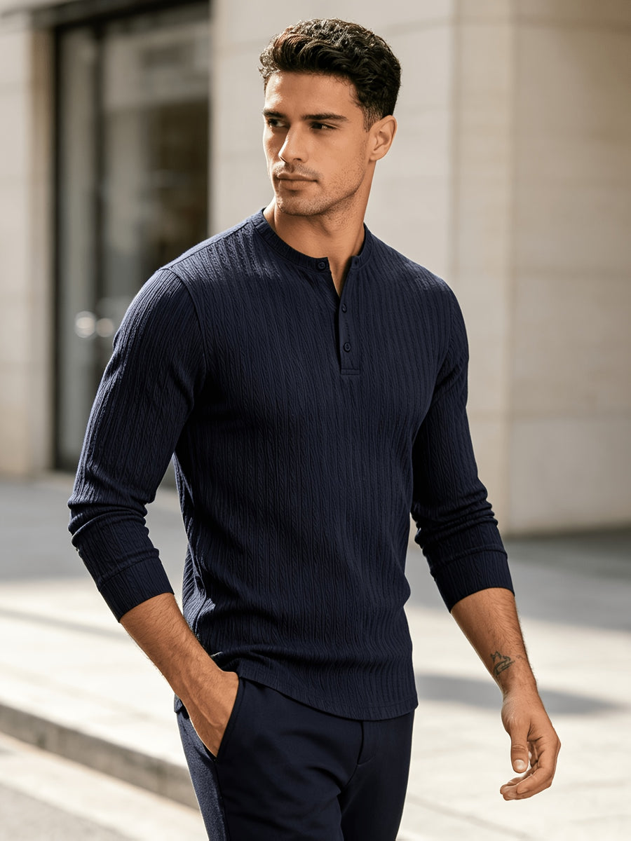 American-style Heavyweight Men's Knit Vintage Stretch Textured Pattern Casual Loose Fit Versatile Commuter Long-Sleeve Henley Shirt - Navy Color