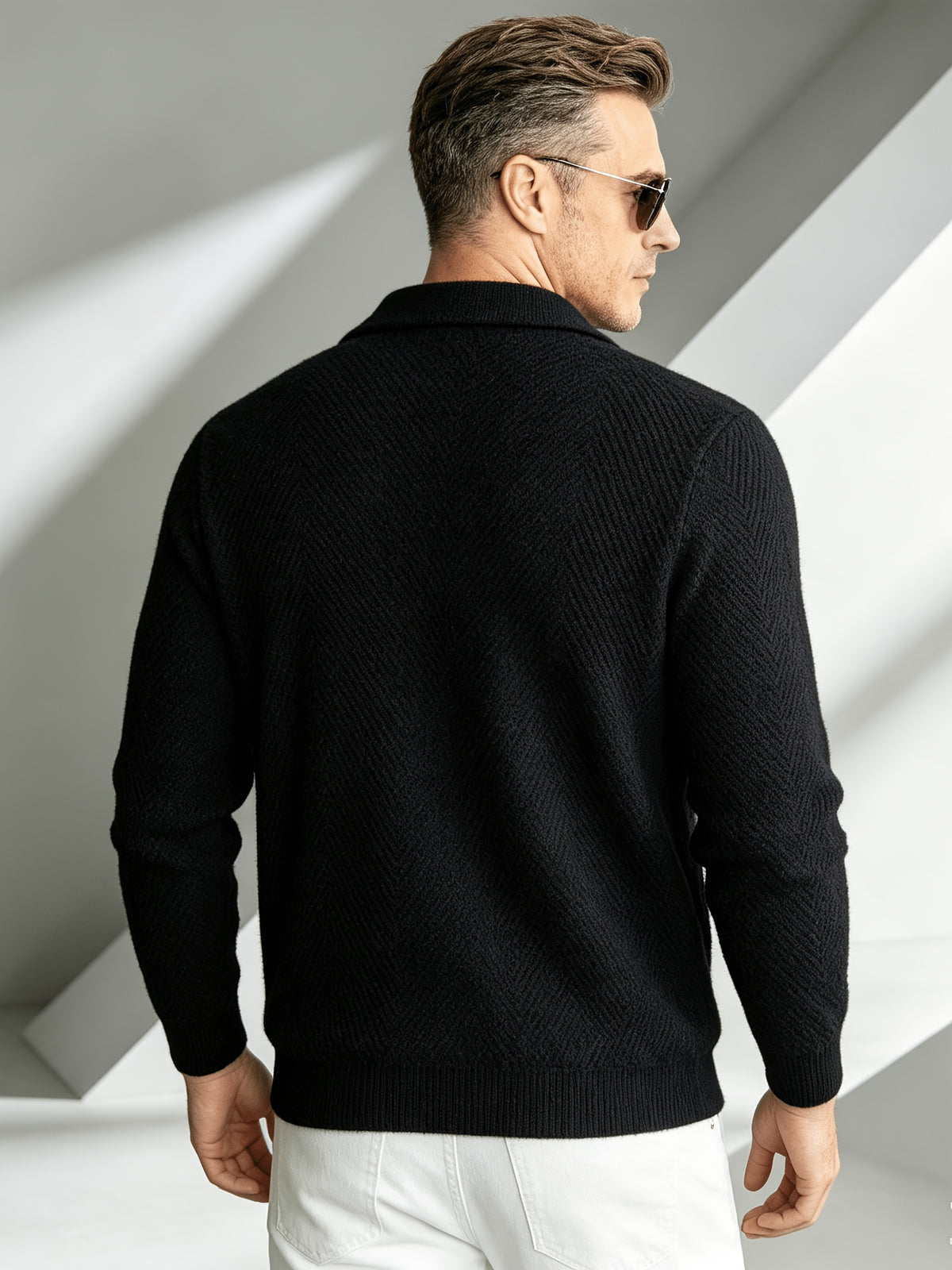 Business Mature Casual Men'S Lapel Full-Zip Knit Cardigan, Ribbed Cuffs And Hem Fitted Long Sleeve Knit Jacket, Suitable for Daily, Office, And Weekend Wear in Autumn And Winter - Black