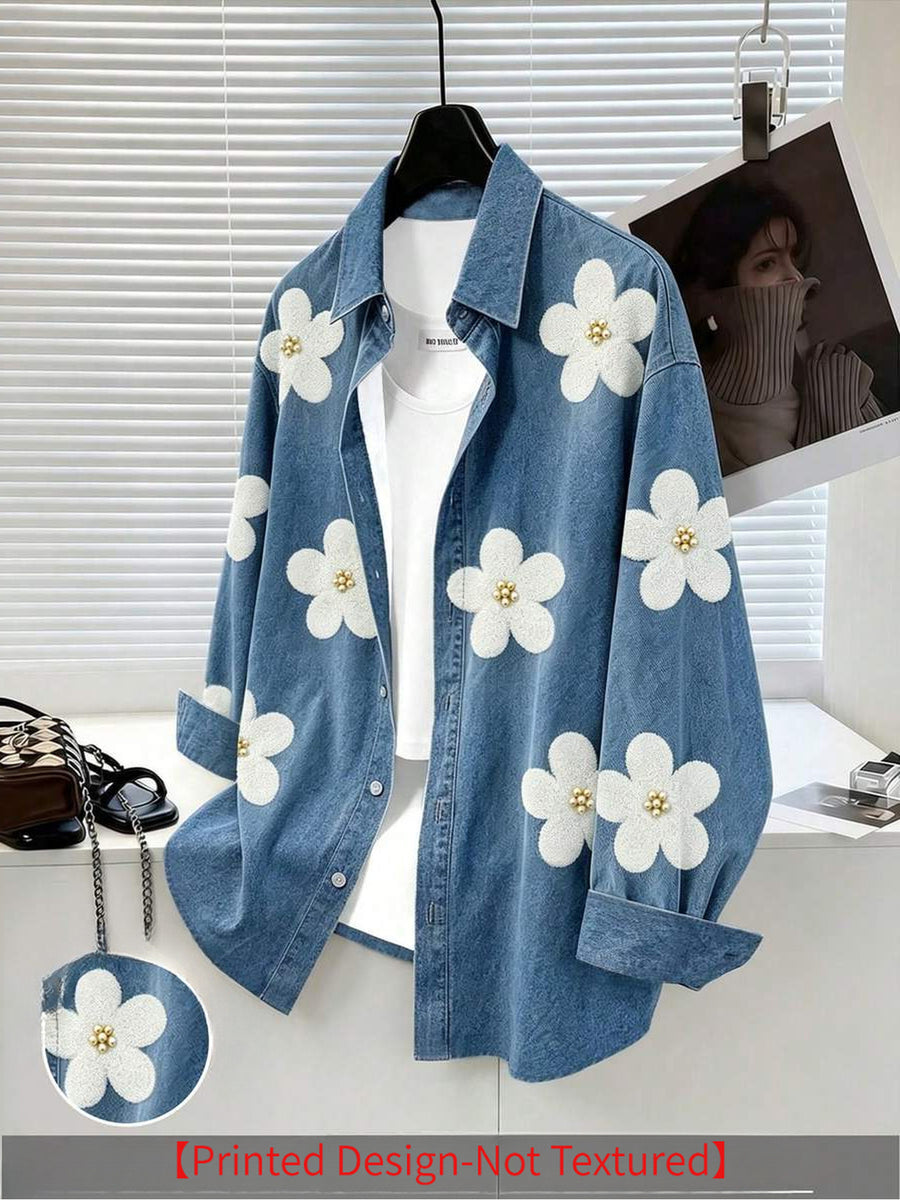 Women's Pretty Shirt, Floral Print Blouse with Faux Pearl Embellishments, Women's Long Sleeve Shirt, Printed Design - Not Textured ZD260727076 - Mixed Color 2