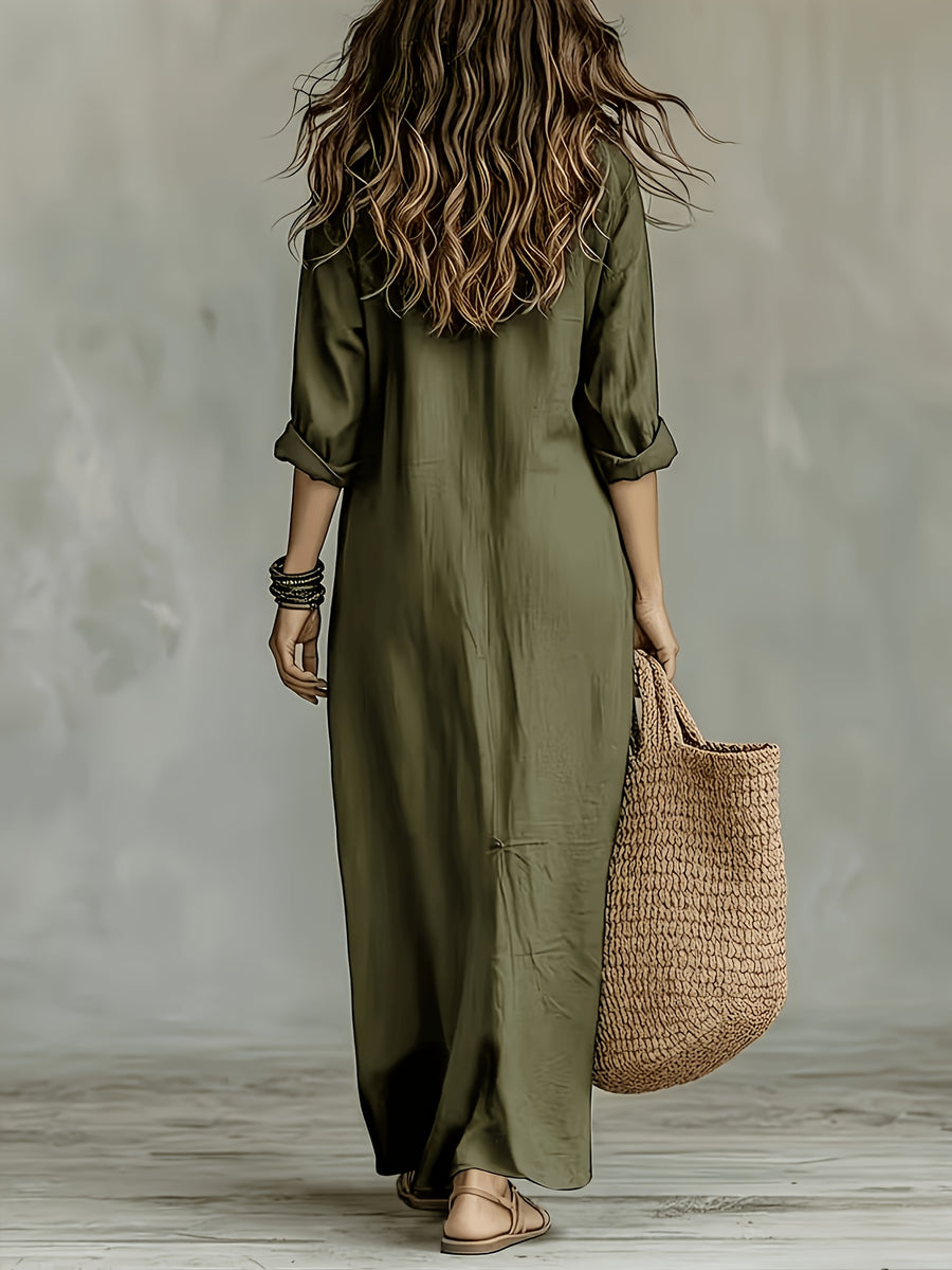 Plus Size, Women's Plus Size Spring/Summer/Autumn Bohemian Solid Color Half-Open Lapel Long Blouse, Casual Button-Up Lazy Style Long Sleeve Shirt Dress, Breathable Long Shirt Dress for Beach Vacations, Travel, and Daily Wear - Olive Green