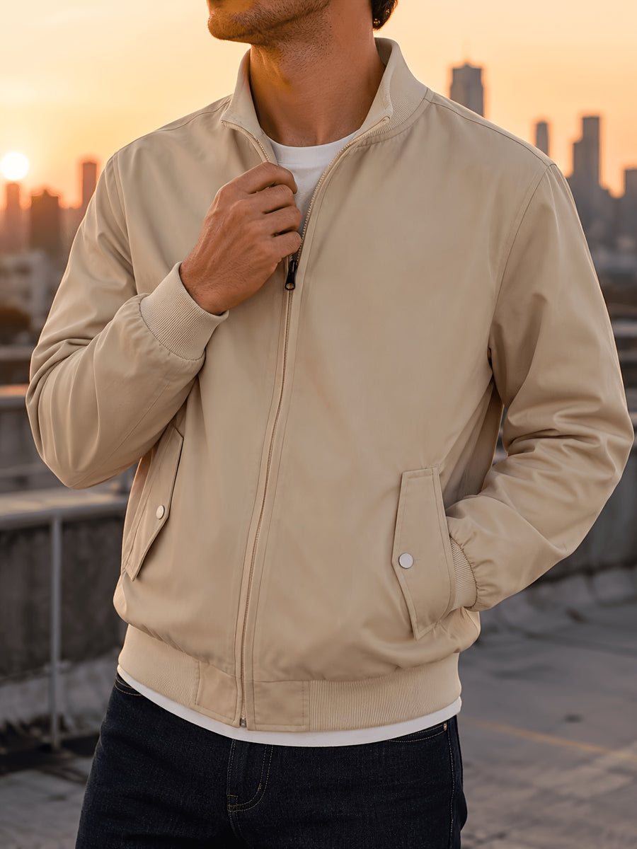 Men'S Casual Stand-Collar Jacket, Spring Autumn New Solid Color Loose Baseball Top, Trendy Easy Zippered Shirt, Everyday Commute City Street Versatile Men'S Clothing - Off-white
