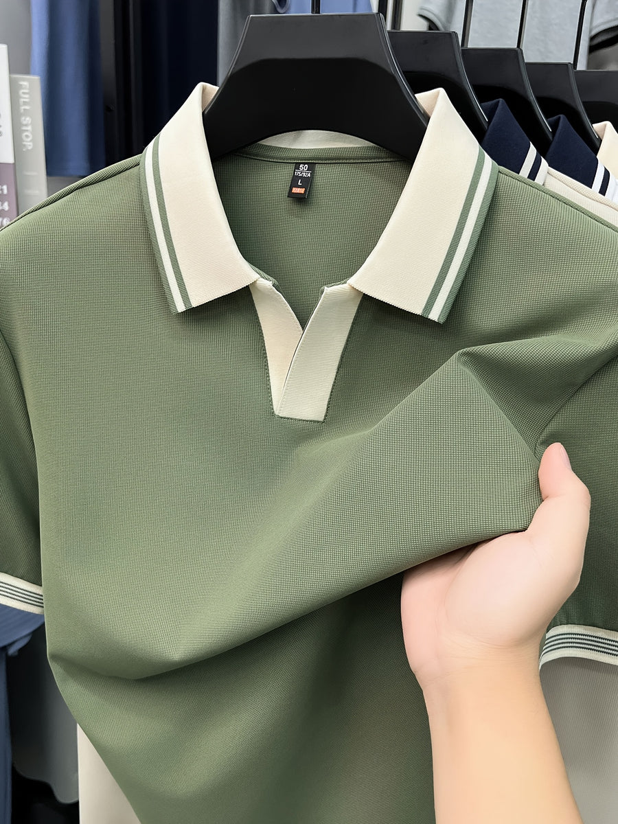 [Shule Water OBM] Summer Men'S Short Sleeve T-Shirt, Contrast Striped Cool Business Casual Versatile Top, Mid-Age Men'S Short Sleeve Collared Polo Shirt (72616) - Green