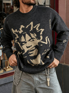 Street Style American Spring/Autumn/Winter Men's Fashion Trend Ripped Design Character Jacquard Pattern Crew Neck Pullover Long Sleeve Sweater, Unisex Casual Loose Versatile Top - Black