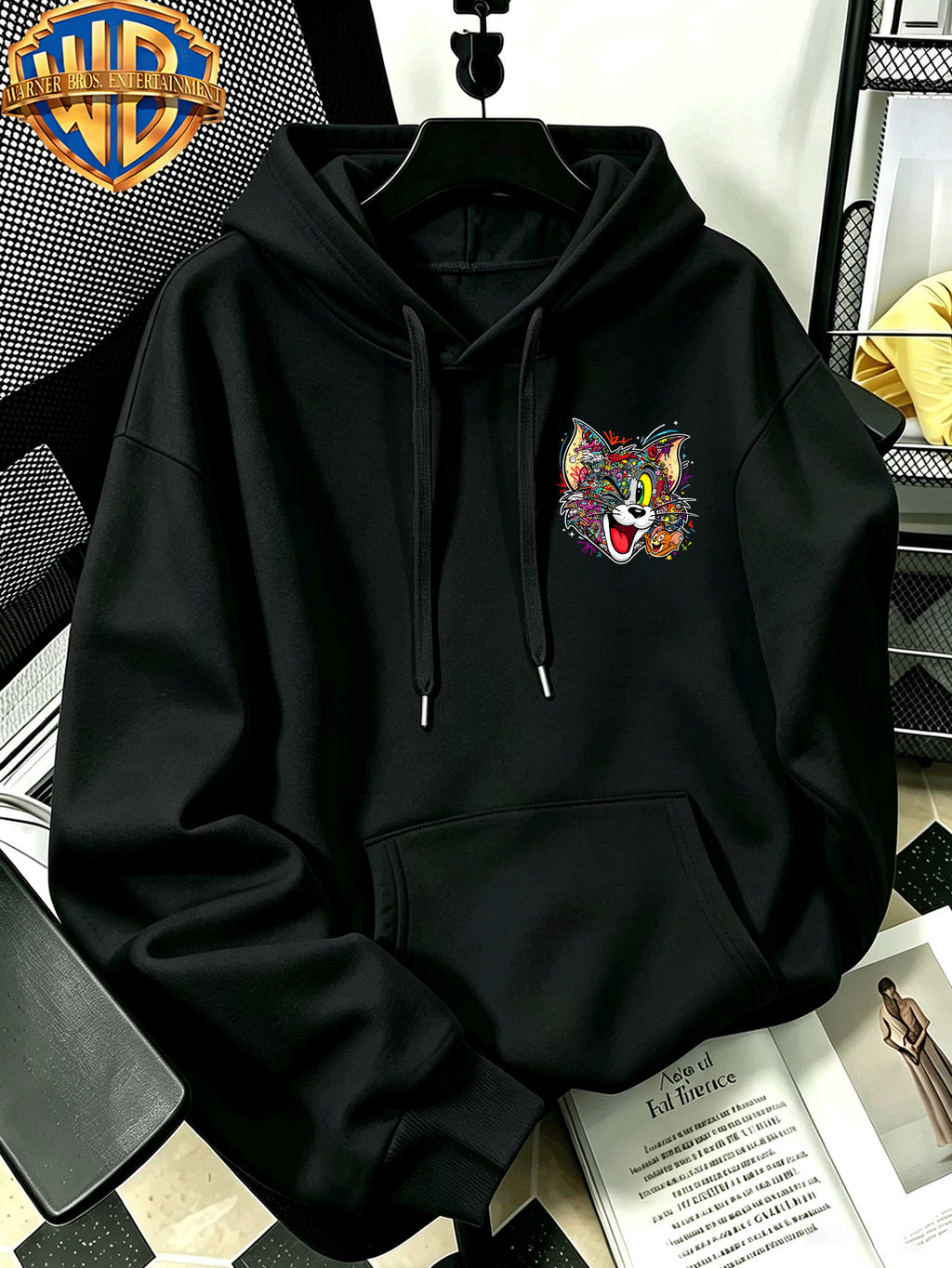 Autumn Winter Trendy Fashion Drawstring Pocket Hooded Men'S Sweatshirt, Multi-Color Graffiti Fun Cool Classic Mouse Cat Head Cartoon Print Design, Sporty Fashion Loose Hoodie, Casual Daily Wear, Trendy For, Suitable for Home And Outings, Unisex - Black