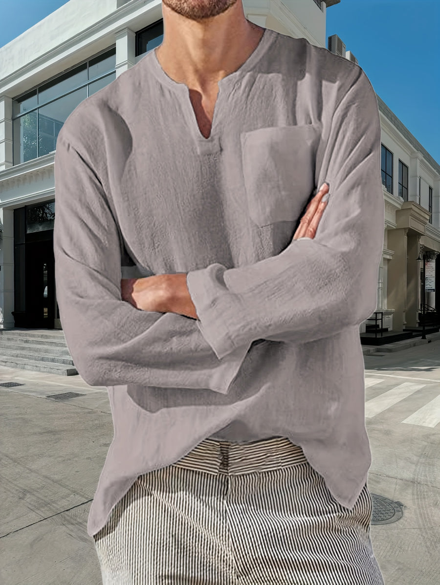 long-sleeved shirt Men's solid color V-neck casual shirt Men's gentle beach Hawaiian pullover breathable comfortable shirt - Light Grey