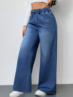 Women's Wide-Leg Jeans - Vintage Washed Wash Non-Stretch Pants with Wide Leg Opening & Drawstring Waist for all-Season Wear, Casual or Dressy Outfits (Machine Washable) - Blue