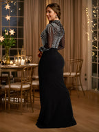 Fashion Women's Solid Color Mesh Sequin Slit Maxi Dress - Black
