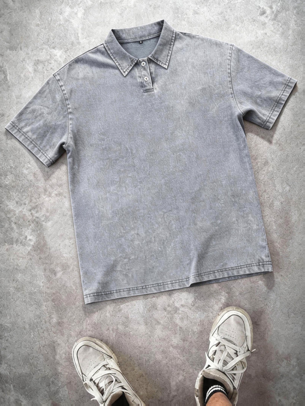 American Vintage Washed Distressed Heavyweight Polo Short Sleeve Men's Spring/Summer Streetwear Brand Loose Fit Versatile Short Sleeve Lapel T-Shirt Casual Street Top - Grey