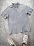 American Vintage Washed Distressed Heavyweight Polo Short Sleeve Men's Spring/Summer Streetwear Brand Loose Fit Versatile Short Sleeve Lapel T-Shirt Casual Street Top - Grey
