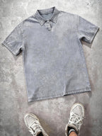 American Vintage Washed Distressed Heavyweight Polo Short Sleeve Men's Spring/Summer Streetwear Brand Loose Fit Versatile Short Sleeve Lapel T-Shirt Casual Street Top - Grey