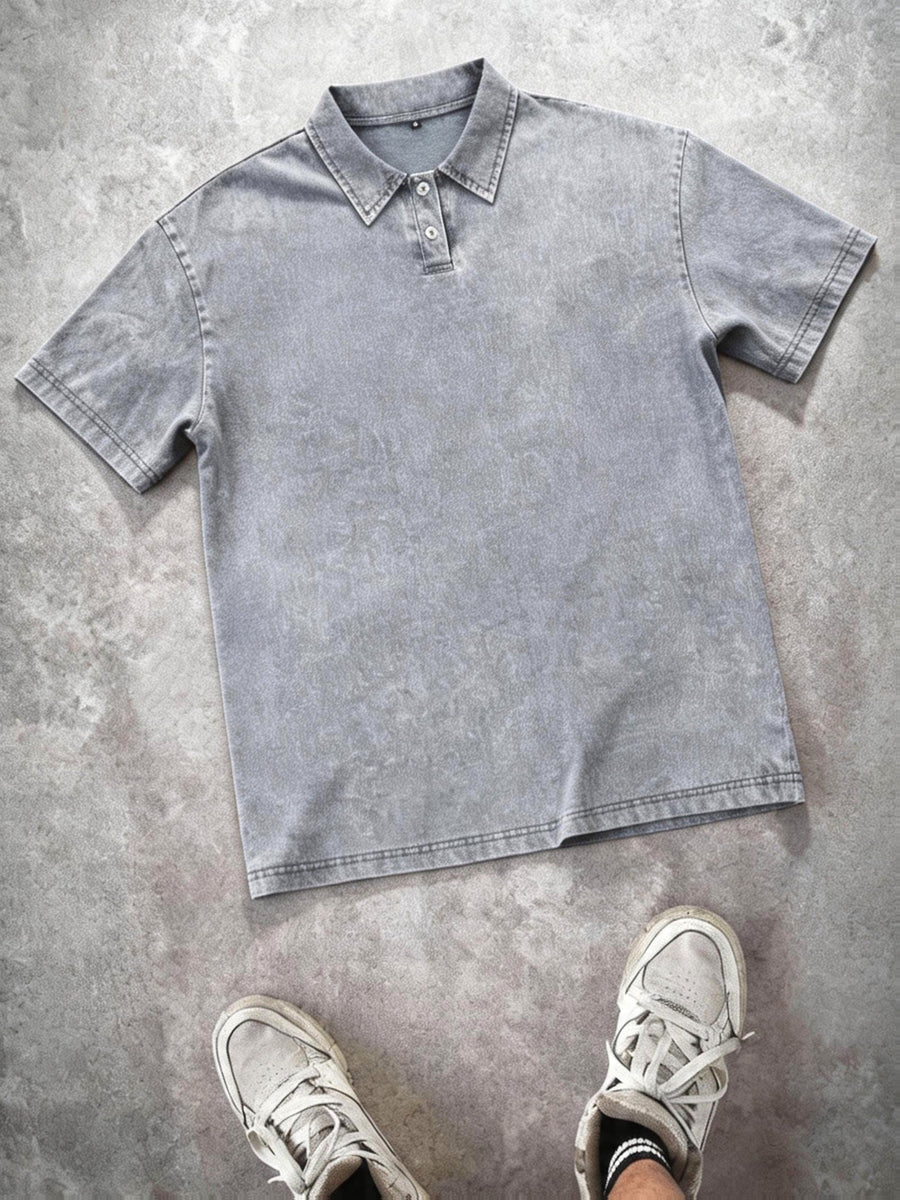 American Vintage Washed Distressed Heavyweight Polo Short Sleeve Men's Spring/Summer Streetwear Brand Loose Fit Versatile Short Sleeve Lapel T-Shirt Casual Street Top - Grey