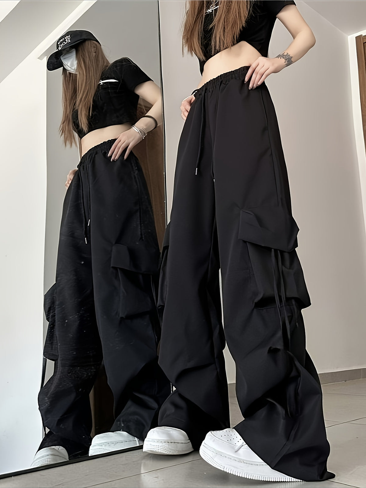 Wide-Leg Cargo Pants for Men and Women, Loose Retro Casual Paper Bag Trousers - Black