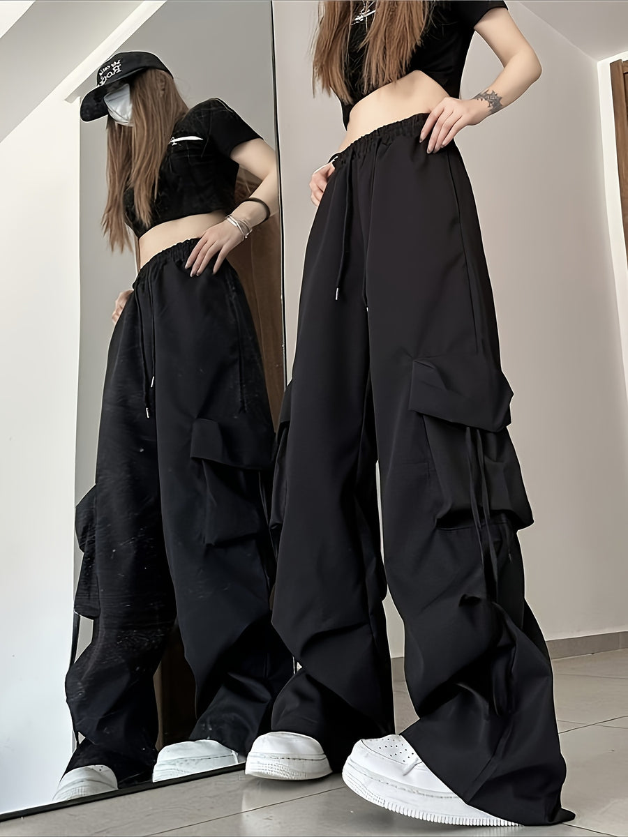 Wide-Leg Cargo Pants for Men and Women, Loose Retro Casual Paper Bag Trousers - Black