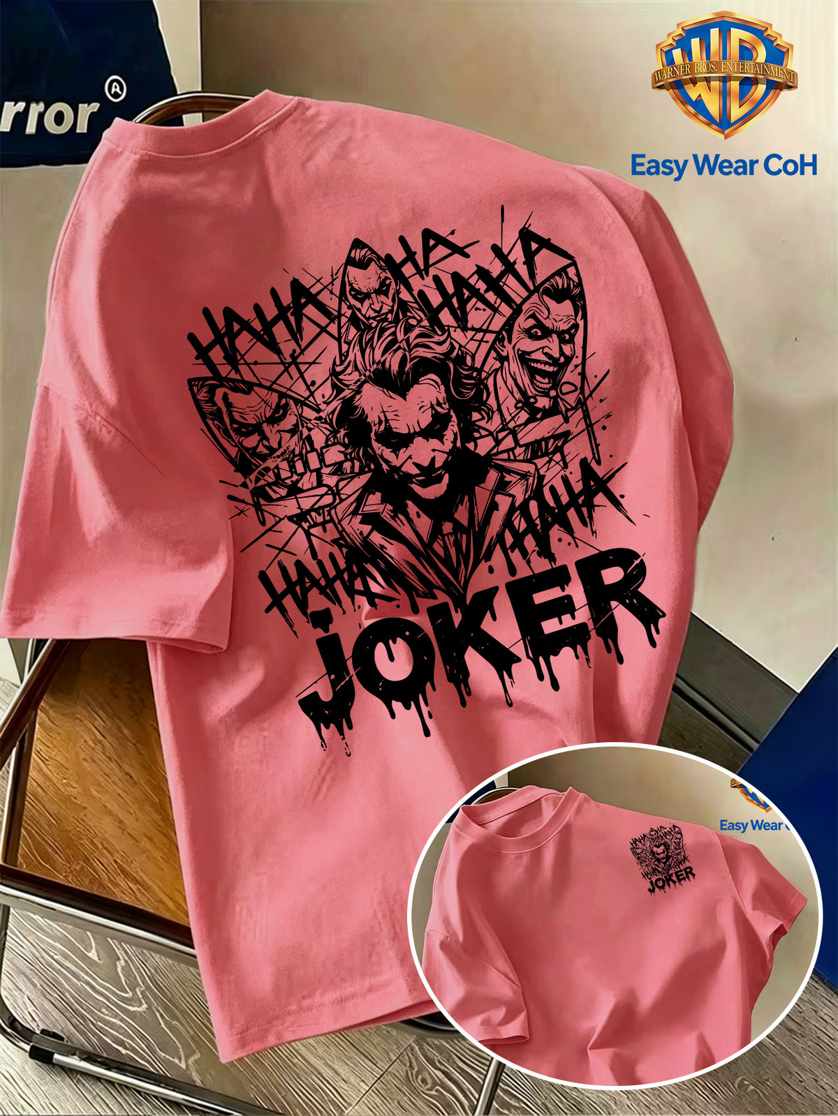 Warner Bros. Official New Academic Style Men's Short-Sleeve T-Shirt, Unique Print to Avoid Duplication - Black and White Graffiti JOKER Clown Sketch Hand-Drawn Line Art Creative Pattern Print, Dark Personality, Comfortable - Watermelon Red