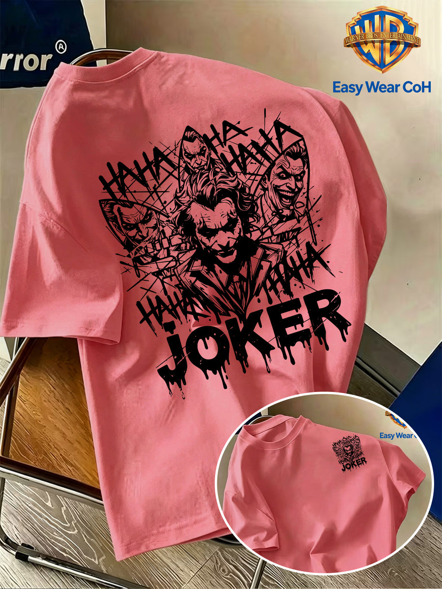 Warner Bros. Official New Academic Style Men's Short-Sleeve T-Shirt, Unique Print to Avoid Duplication - Black and White Graffiti JOKER Clown Sketch Hand-Drawn Line Art Creative Pattern Print, Dark Personality, Comfortable - Watermelon Red