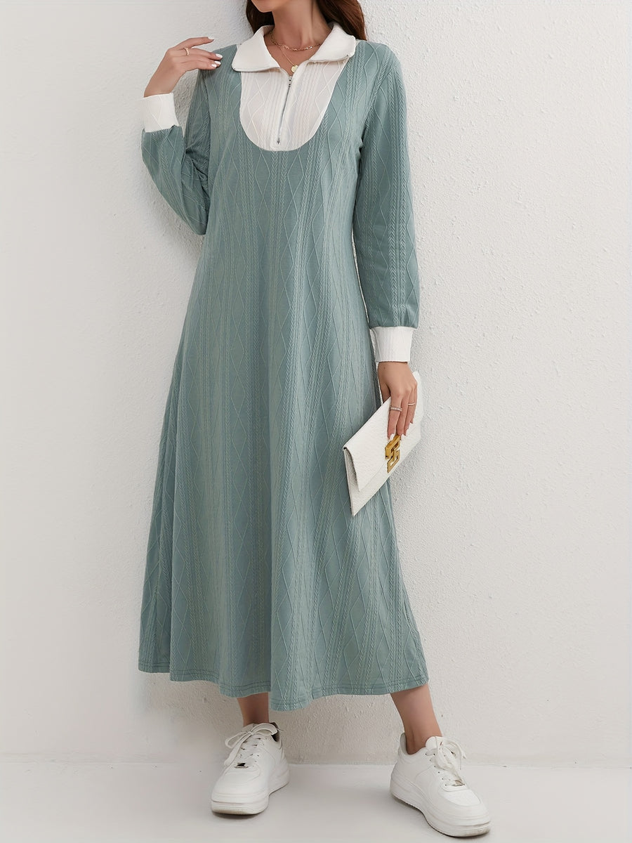 Geo Pattern Color Block Dress, Casual Long Sleeve Zipper Front Maxi Dress For Spring & Fall, Women's Clothing - Olive Green