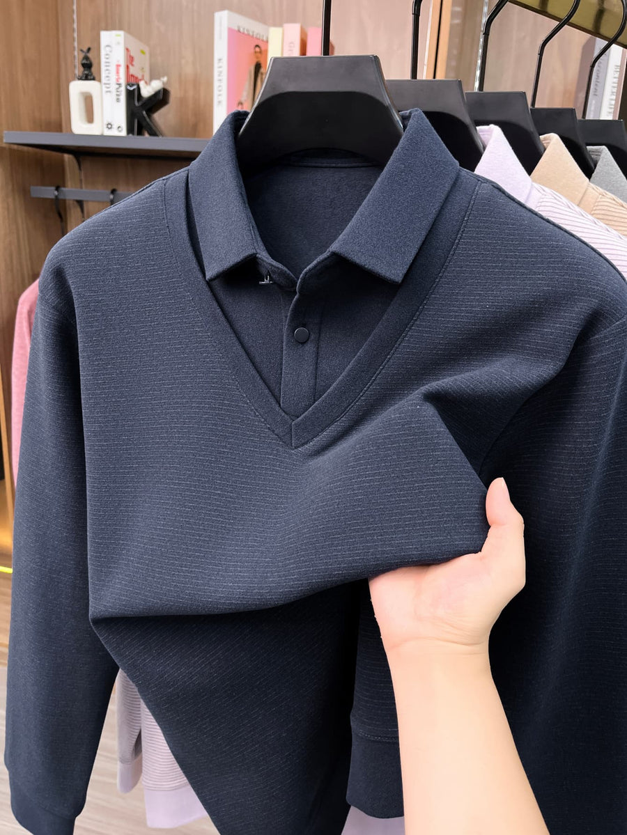 Men's Shirt Collar Fake 2pcs Knitted Top, Thick Warm Long Sleeve Base Shirt, Casual Pullover Polo for Golf, Fishing, Tennis, Winter Daily Wear for Middle-aged Dad - Navy Color