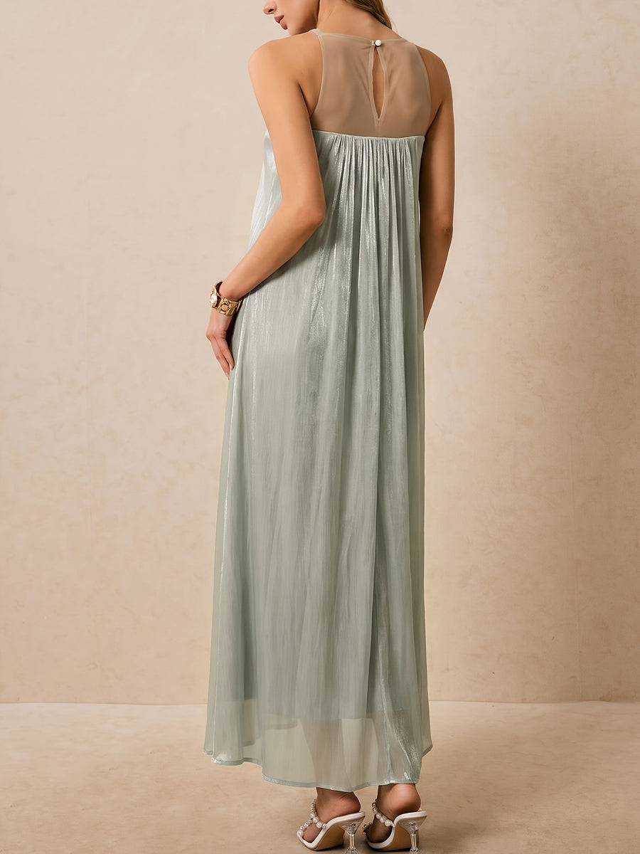 Elegant Water-Like Satin A-Line Loose Dress, Sequined Mesh Patchwork Pleated Dress, Belted Design, Loose Fit with High Waist and Inclusive Fit, Elegant Women's Clothing, Hot Outfits for Women, Girly Style Items, Casual and Elegant Women's Wear - Green