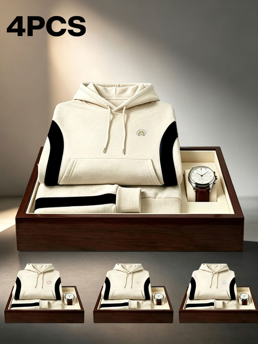 [4pcs] 2026 Autumn Winter Men'S Street Style Hooded Sweatshirt, Side Diagonal Contrast Lines Long Sleeve, Adjustable Drawstring Large Kangaroo Pouch for Phone, Skin-Friendly Warm Back-To-School Casual Rock Party Versatile Pullover Hoodie - Apricot + Apricot + Apricot + Apricot