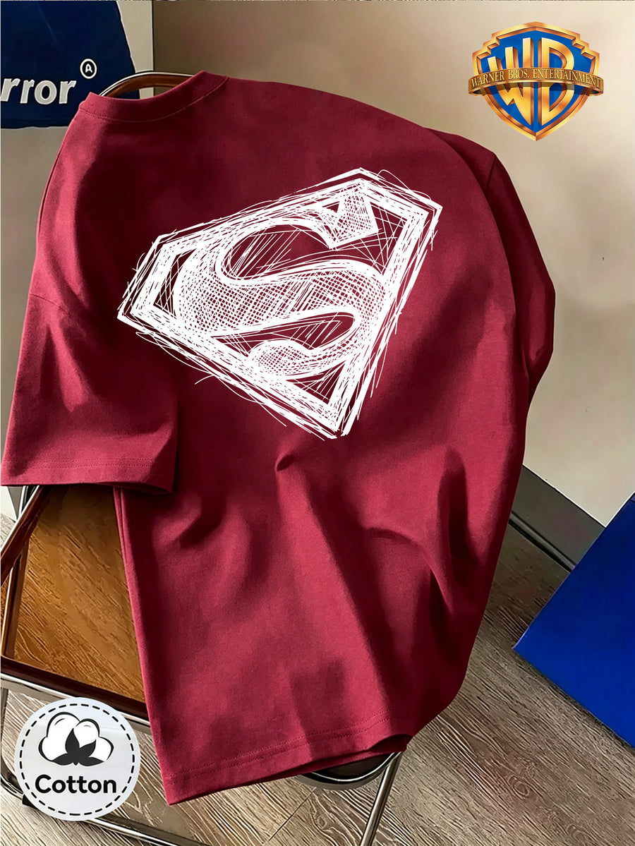 DC Superman Sketch S Logo Print 100% T-Shirt, Unisex Trendy Top, Double-Sided Print Design, Soft Fabric Material, Fashionable And Versatile Round Neck Short Sleeve Top, Designed for Men. Casual And Comfortable, Diverse Styles And Loose Fit - Burgundy
