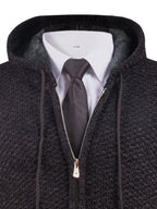 Solid Color Men'S Autumn And Winter New Style Men'S Coarse Yarn Knitted Long Zipper Cardigan Long Sleeved Hooded Drawstring Fashionable Casual Business Versatile with Thick Velvet Insulation Pocket Sports Vitality Elastic Jacket - Black