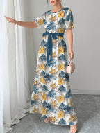 Women'S Printed Round Neck Casual Waist Dress - Yellow Blue
