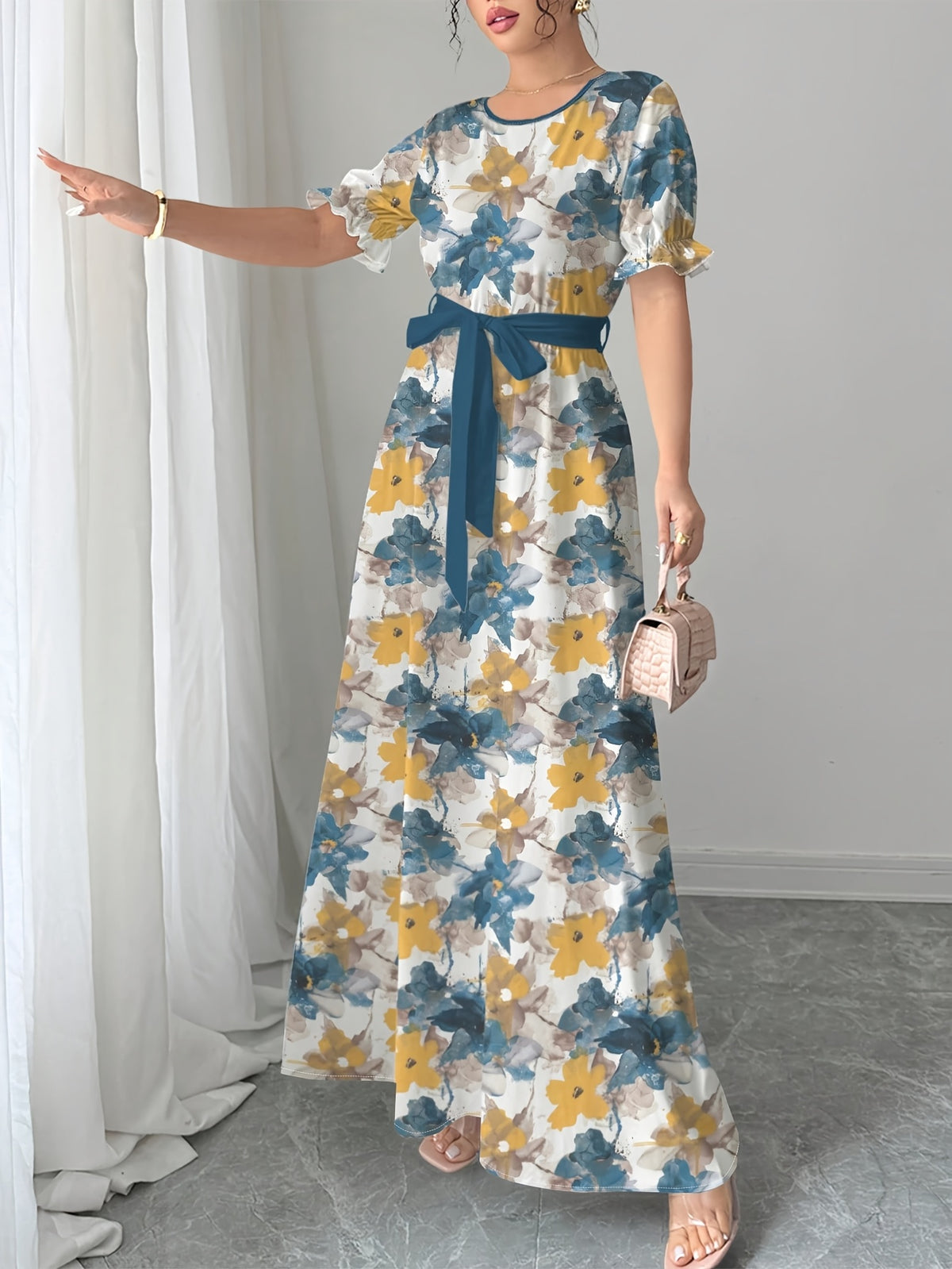 Women'S Printed Round Neck Casual Waist Dress - Yellow Blue