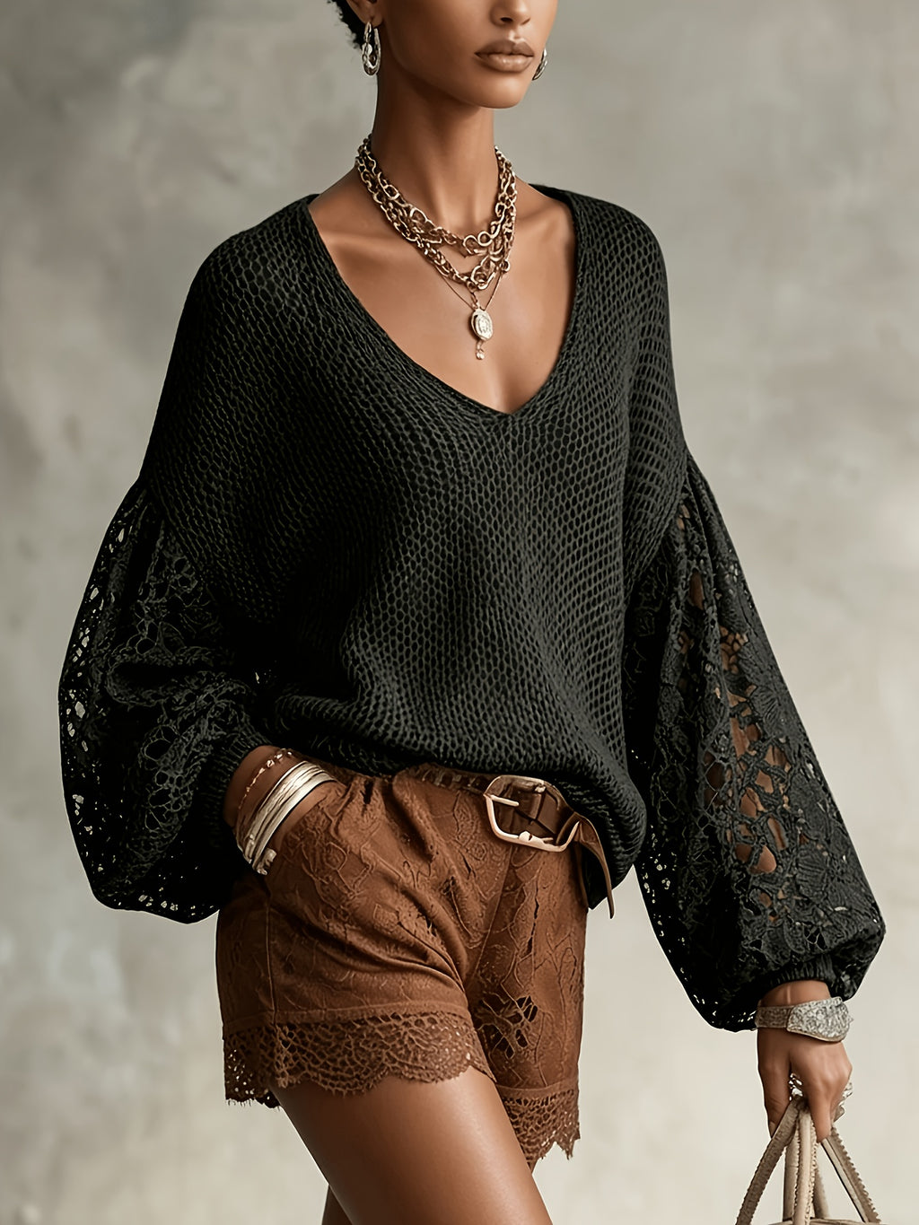 Women's V-Neck Lace Sleeve Sweater, Soft Fabric, Versatile Pullover for Daily Commuting - Black