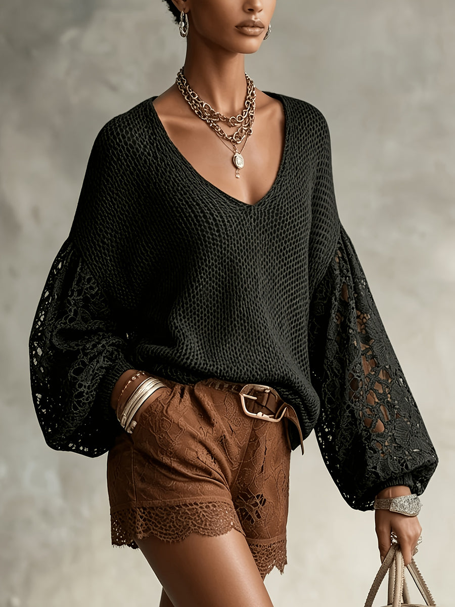 Women's V-Neck Lace Sleeve Sweater, Soft Fabric, Versatile Pullover for Daily Commuting - Black