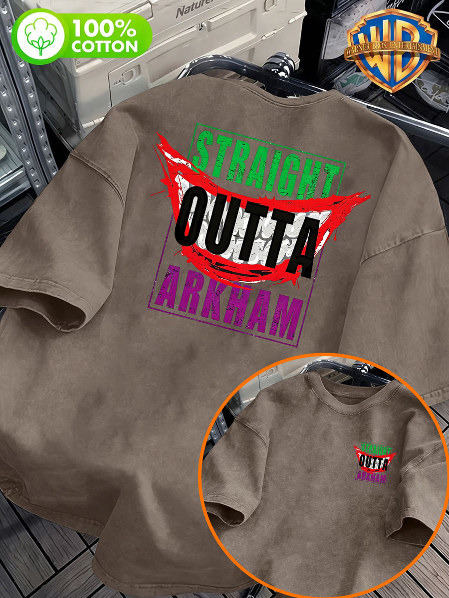 STRAIGHT OUTTA ARKHAM Text Pattern Front And Back Print, Men'S Casual T-Shirt Pure, Men'S Fashion Short Sleeve, Men'S Trendy Top, Washed Distressed Short Sleeve, Loose Fit, 1pc, Casual, Commute, Vacation, Premium, Couple Style, Student, Holiday - Coffee Color