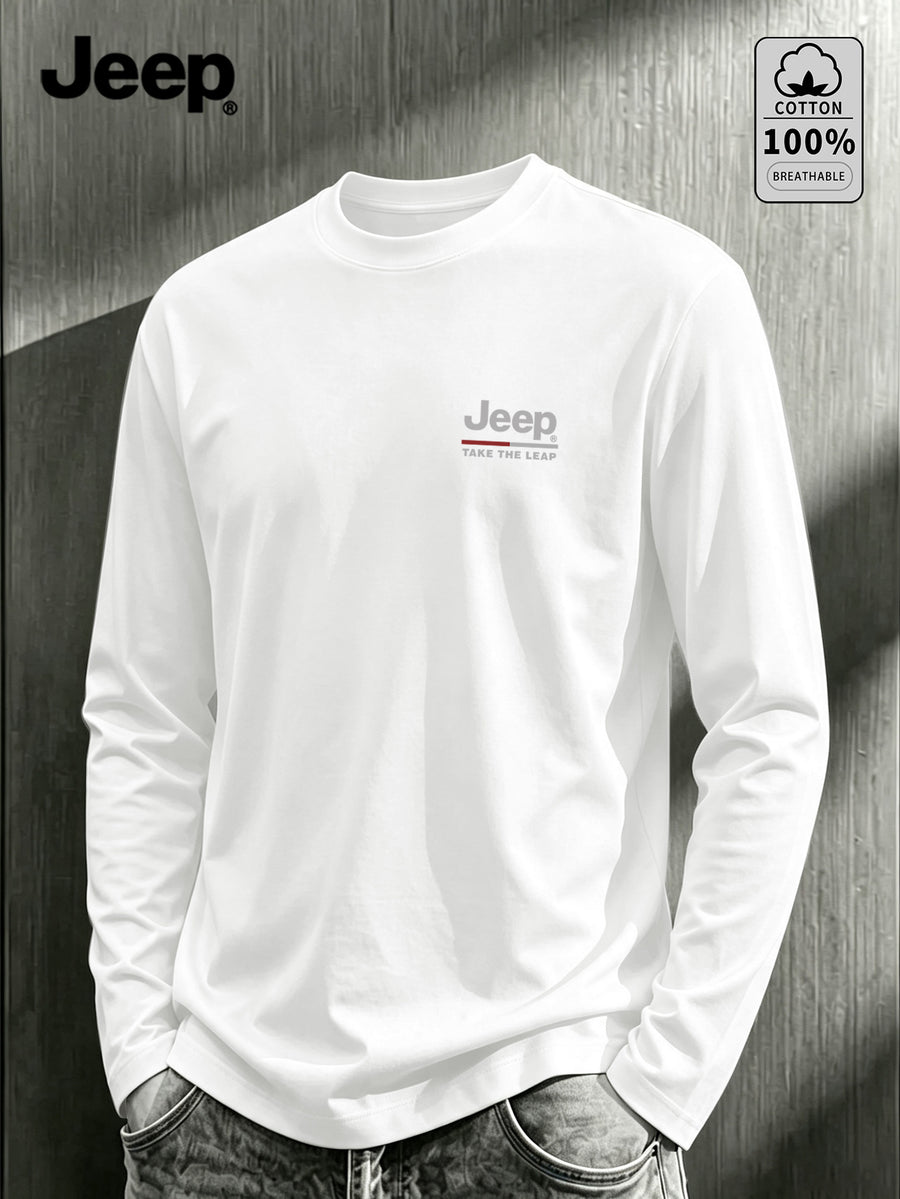 JEEP Men's Pure Long-Sleeve T-Shirt, 210g, Crew Neck, Solid Color, Wear-Resistant, Breathable, for Spring/Autumn Casual and Sports as a Base Layer Top - White
