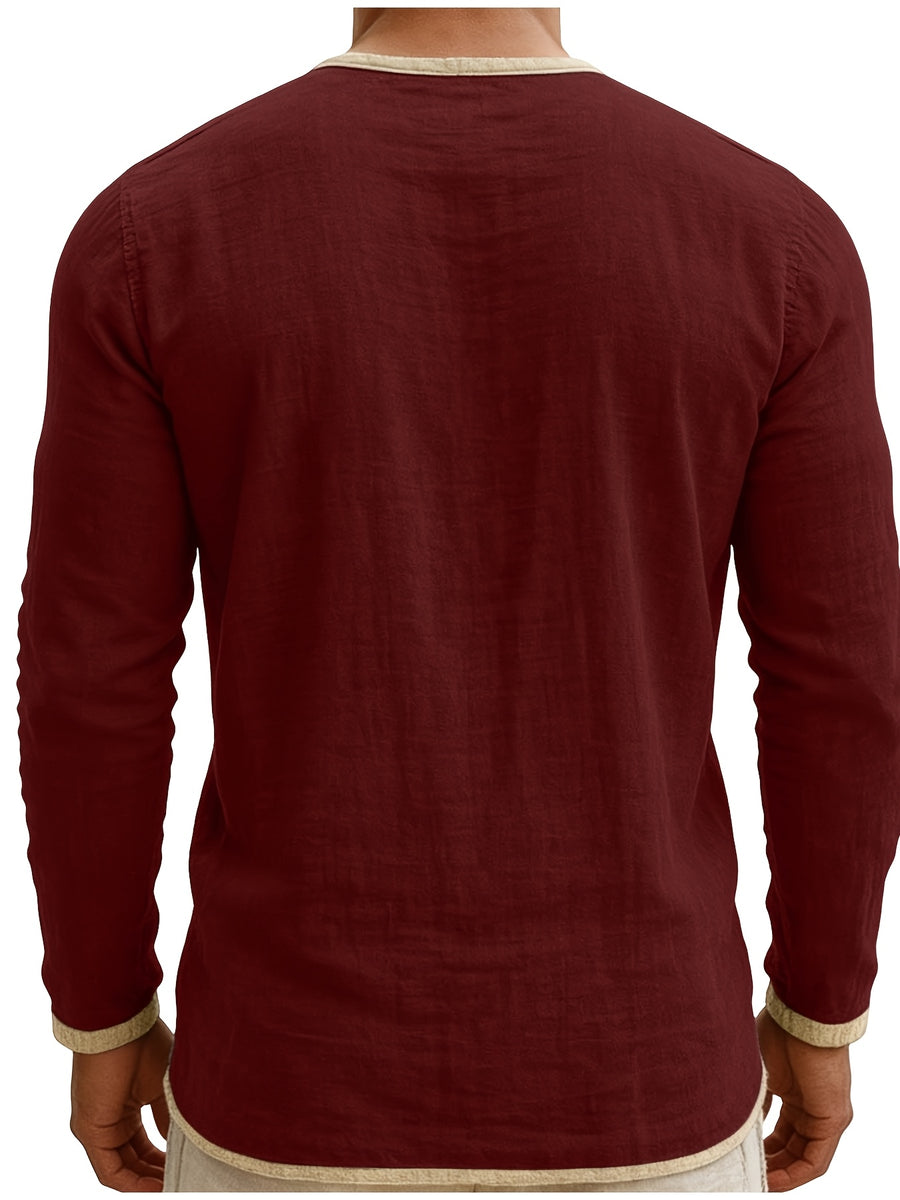 Men'S Retro Color Block Casual Henley Crewneck T-Shirt in Linen, Vintage T-Shirt for Men - Burgundy