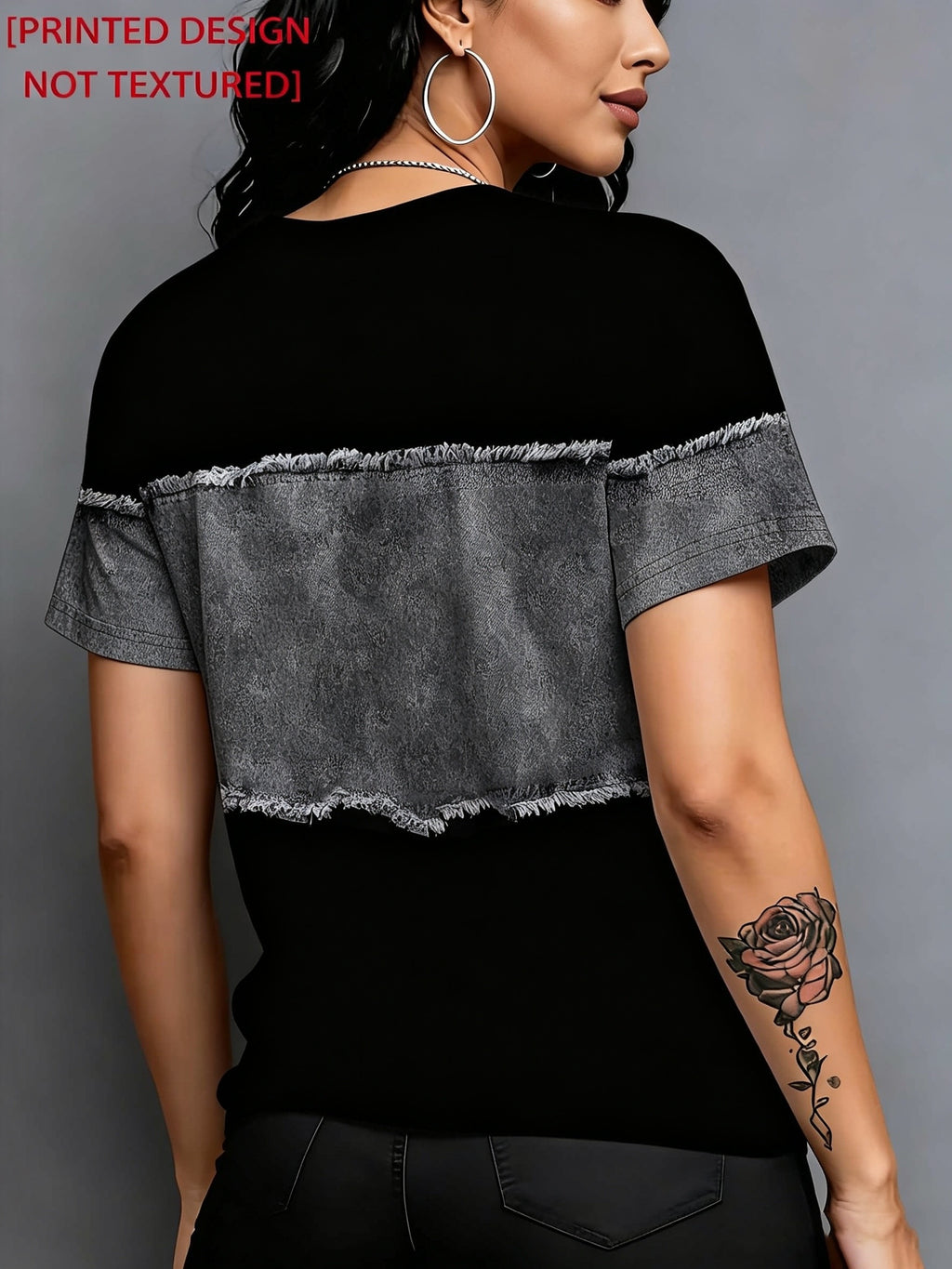 Printed Design - Plain Imitation Denim Frayed Edge Vest Print Black Short Sleeve T-Shirt for Women,  Patchwork Button Pocket Creative Pattern Crew Neck Top, Loose Fit Trendy Versatile Daily Casual Pullover Base Layer - Grey