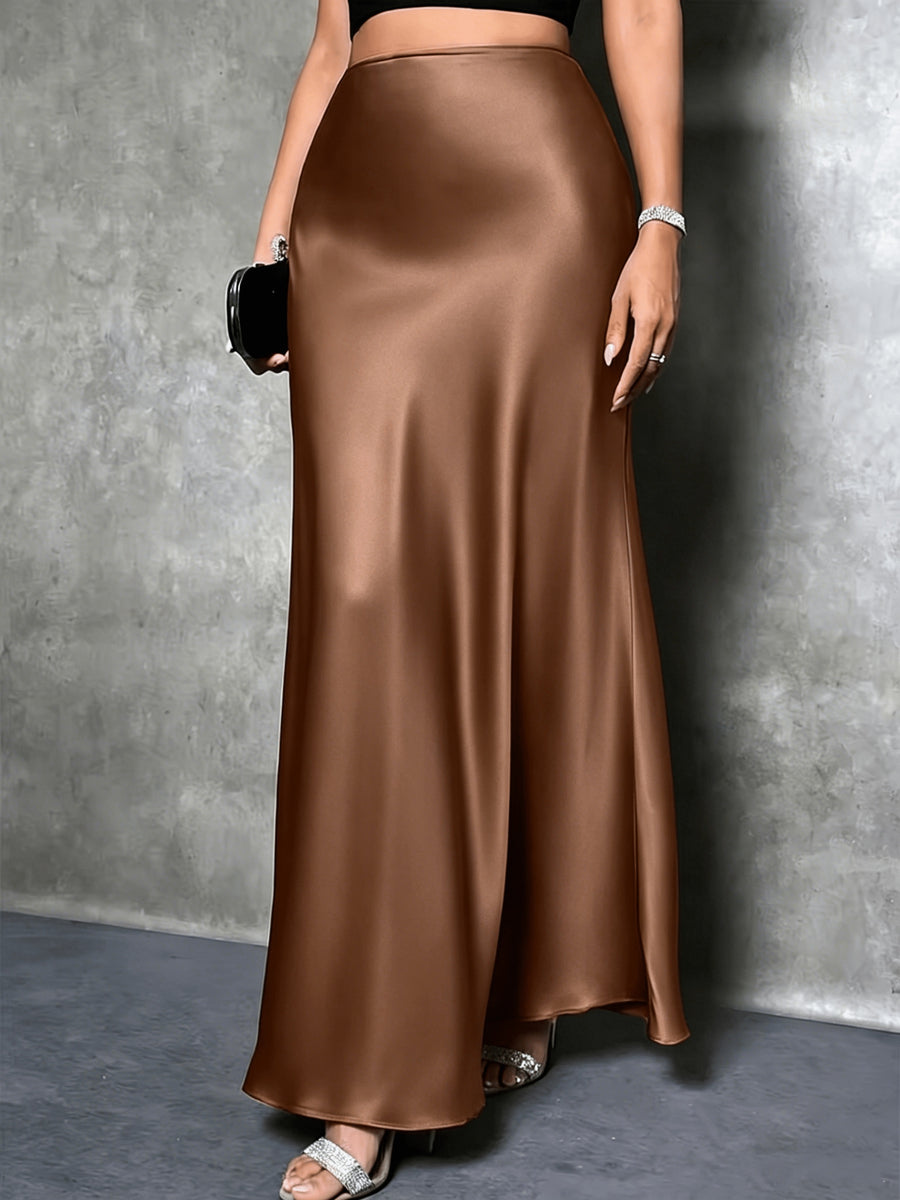 Women'S Elegant Slit Maxi Skirt - Satin Texture Christmas & Valentine'S Day Date Outfit, Suitable for Winter Holiday Parties & Office, Machine-Washable Luxury Design, High-End And Temperament-Enhancing with Festive Charm - Brown