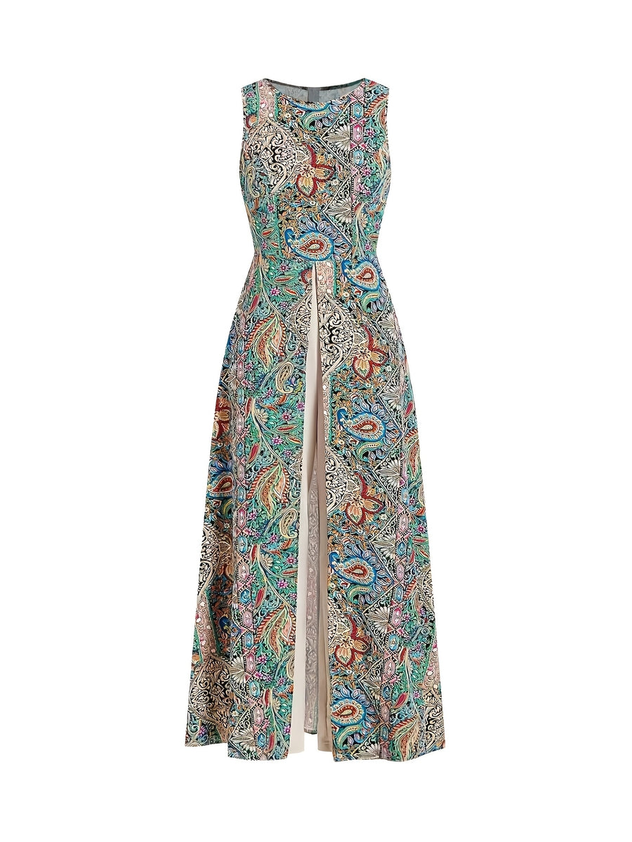 Women'S Elegant Vacation Style Floral Print Round Neck Jumpsuit - Mixed colors
