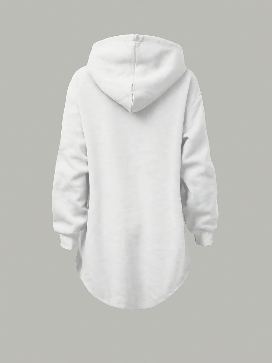 Women'S Solid Shoulder-Lower Long Sleeve Loose sweatshirt with Drawstring - White