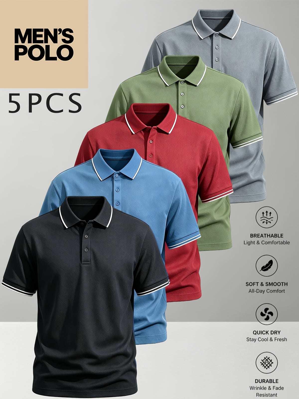 5pcs Set of Men'S Classic Short-Sleeve POLO Shirts, Breathable And Wrinkle-Resistant Casual Golf Tops, Multiple Color Combinations, Easy And Elegant, XS-XXL Plus Size Men'S Clothing, Quality Guaranteed, Meeting Daily Needs - Black+Blue+Red+Green+Gray