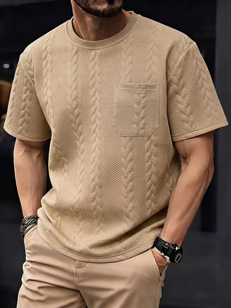Summer Men'S Jacquard Brocade Short Sleeve T-Shirt, Solid Color Round Neck with Pocket, Loose Fit Casual Versatile Plain T-Shirt - Khaki