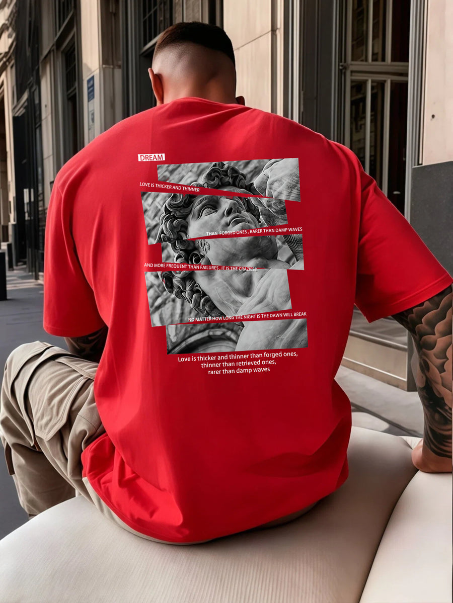 Casual Streetwear Style, Men'S T-Shirt, Classical Statue Collage with Love Quote Print, Summer Urban Outdoor Wear, Gift for Boyfriend Or Fashion Enthusiast - Red