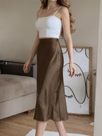 Fashionable City Commute Casual Outing Beach Vacation Home Outerwear Slit Satin-Like Pink Women'S Skirt - Coffee Brown