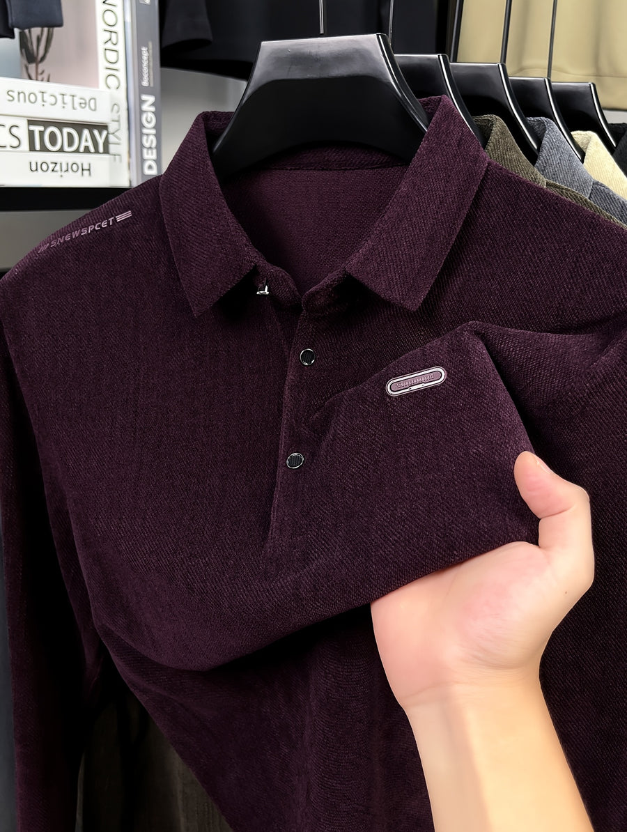 Men's Spring/Autumn Lightweight Knitted Long-Sleeve Polo Shirt with Vertical Stripe Texture, Lapel Collar, Three-Button Placket, Business Casual Versatile Base Layer Top for Middle-Aged Men - Burgundy