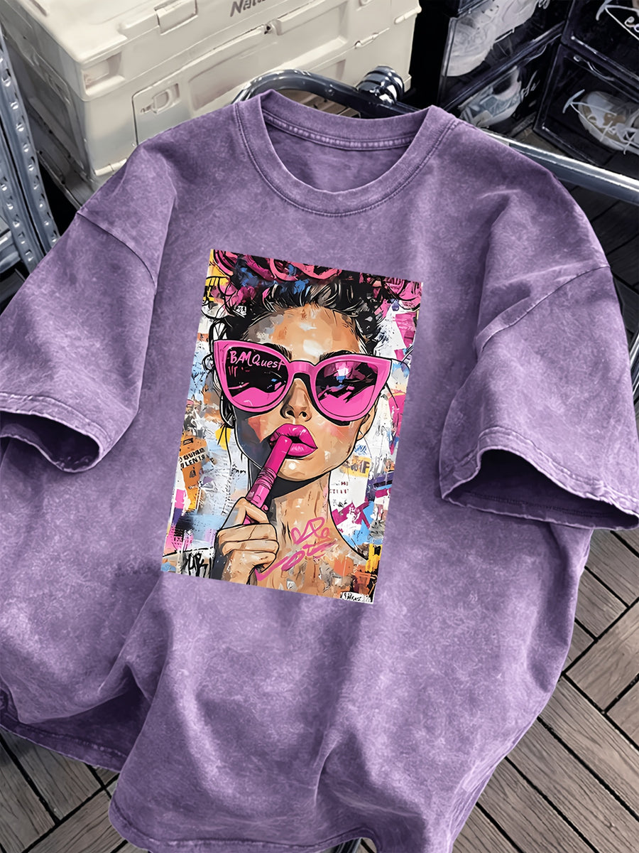 Women's Washed T-shirtVintage Washed Women's T-Shirt with Bold Pop Art Print, Perfect for Casual Outings or Home Relaxation, Lightweight and Durable Blend, Stylish Statement Piece for Everyday WearWomen's Top Tee - Light Purple