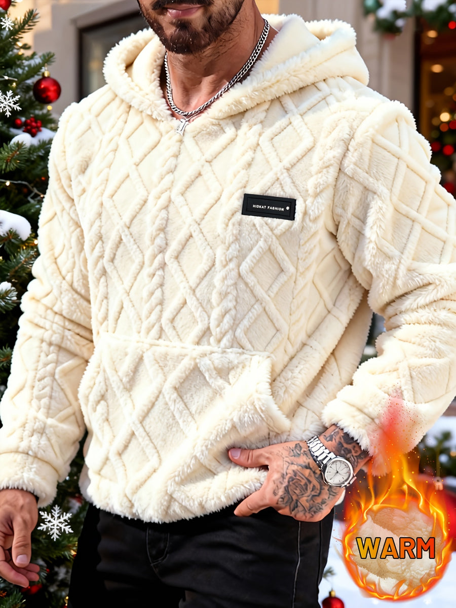 Men'S Autumn Winter Christmas Pajamas Fashion Casual Fleece Hooded Loose Sweatshirt Plush Jacquard Fabric Suitable for Daily Casual Wear - Off-white