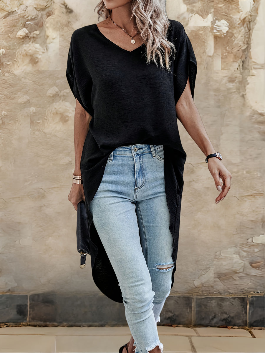 V-Neck Asymmetrical Long Top, Batwing Short Sleeve Loose Curved Hem Front Short Back Long Shirt, Textured Pleated Fabric, Casual Commute Leisure, Beach Vacation Blouse - Black