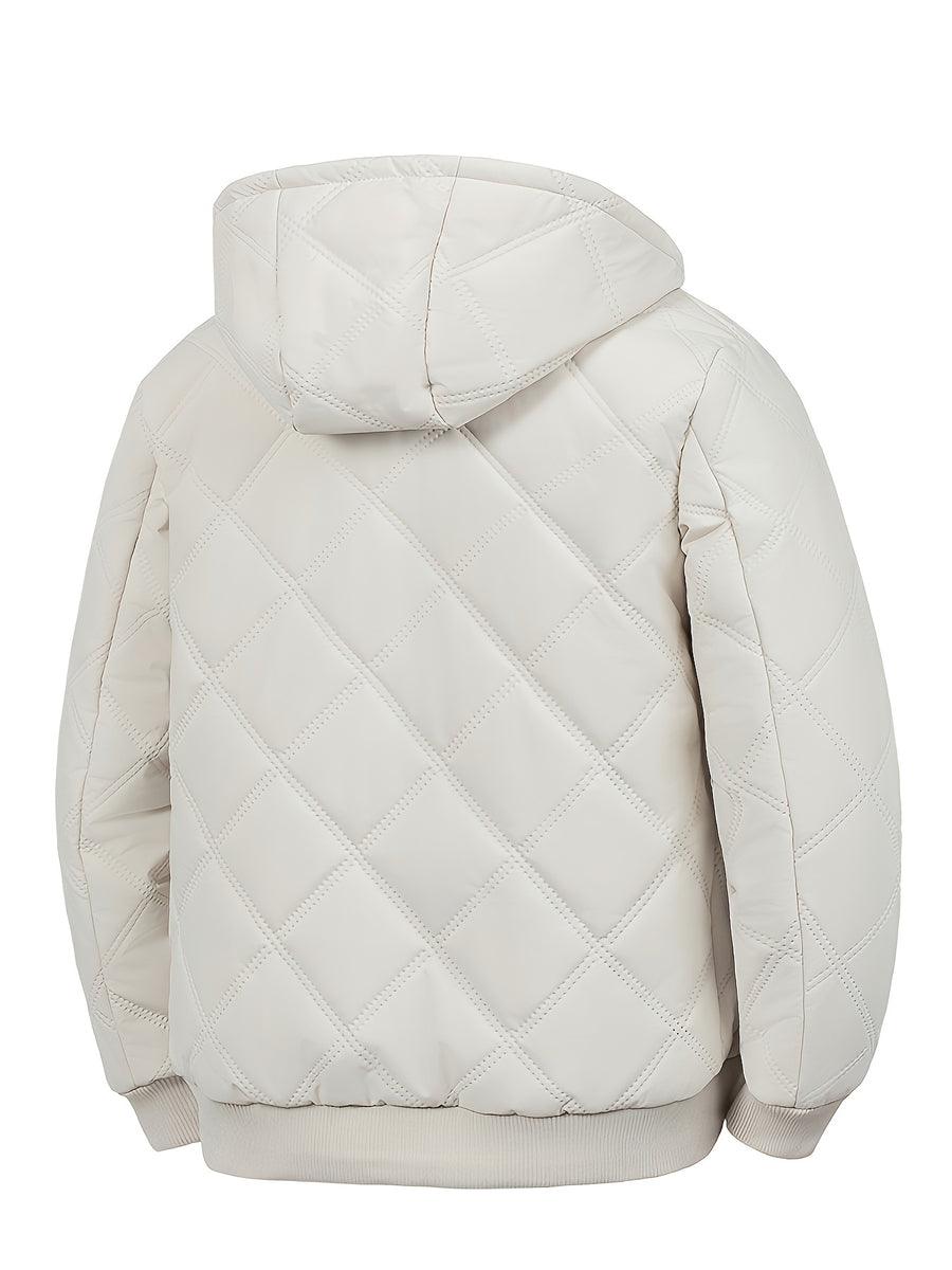 New Autumn/Winter Men's Diamond Stitch Hooded Padded Coat, Plush -Lined Thickened Outerwear, Outdoor Hiking Cold-Proof Warm Windproof Zipper Pocket Padded Coat - Khaki