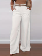 Women'S Trousers, Solid Color High Waist Wide Leg Casual Elegant Trousers (No Belt) + [Ta Lan] - White