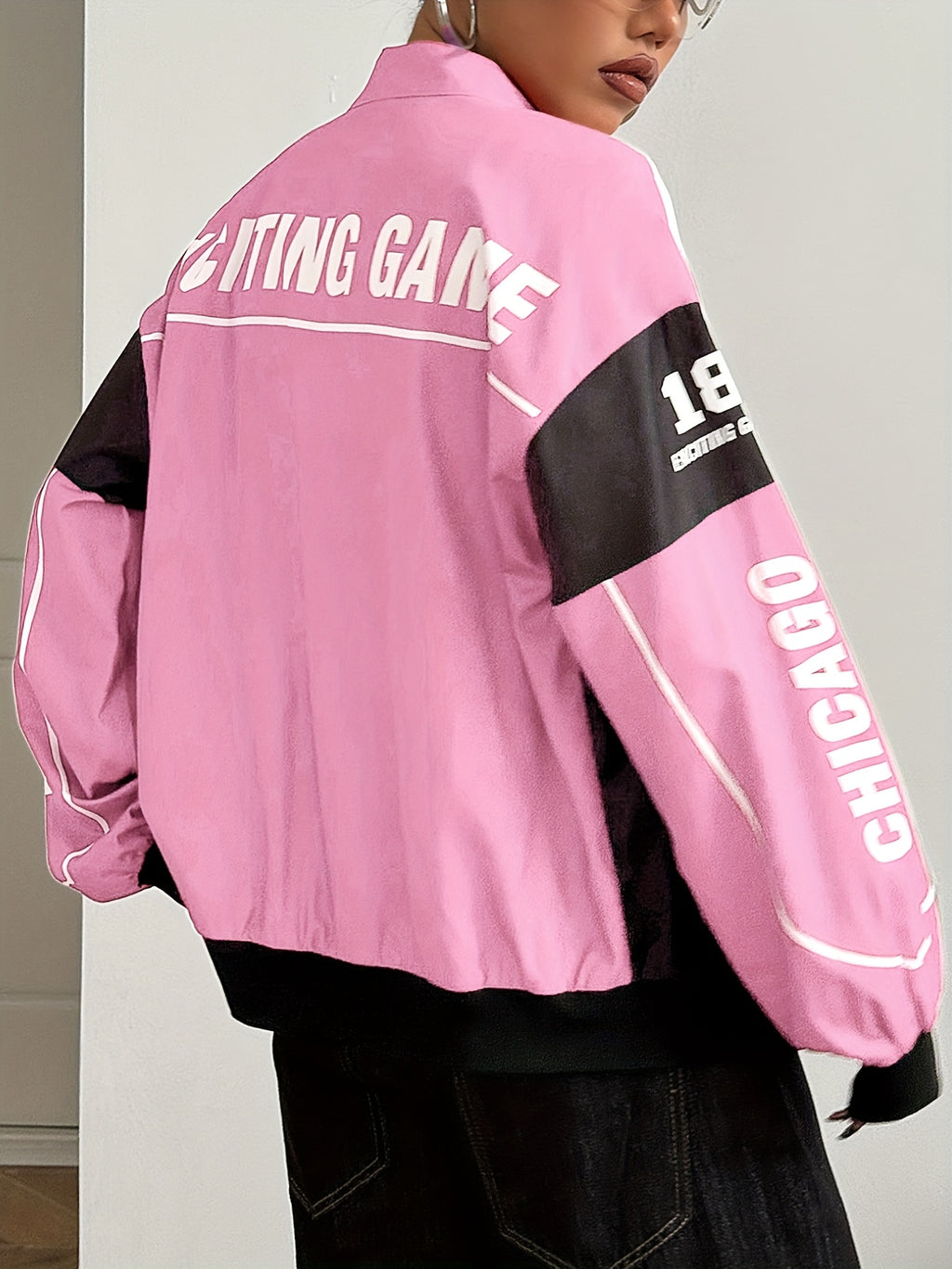 Vintage Literary Letter Print Small Stand-Up Collar Long Sleeve Jacket - Pink Color