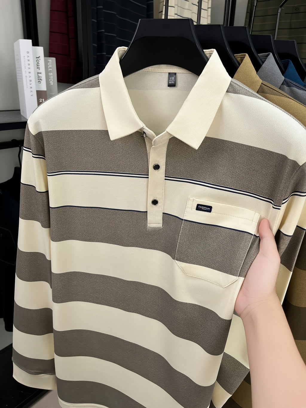 Autumn Men'S Long Sleeve T-Shirt 2026 New Style Wide Stripe Lapel with Real Pockets Casual Long Sleeve POLO Shirt - Off-white