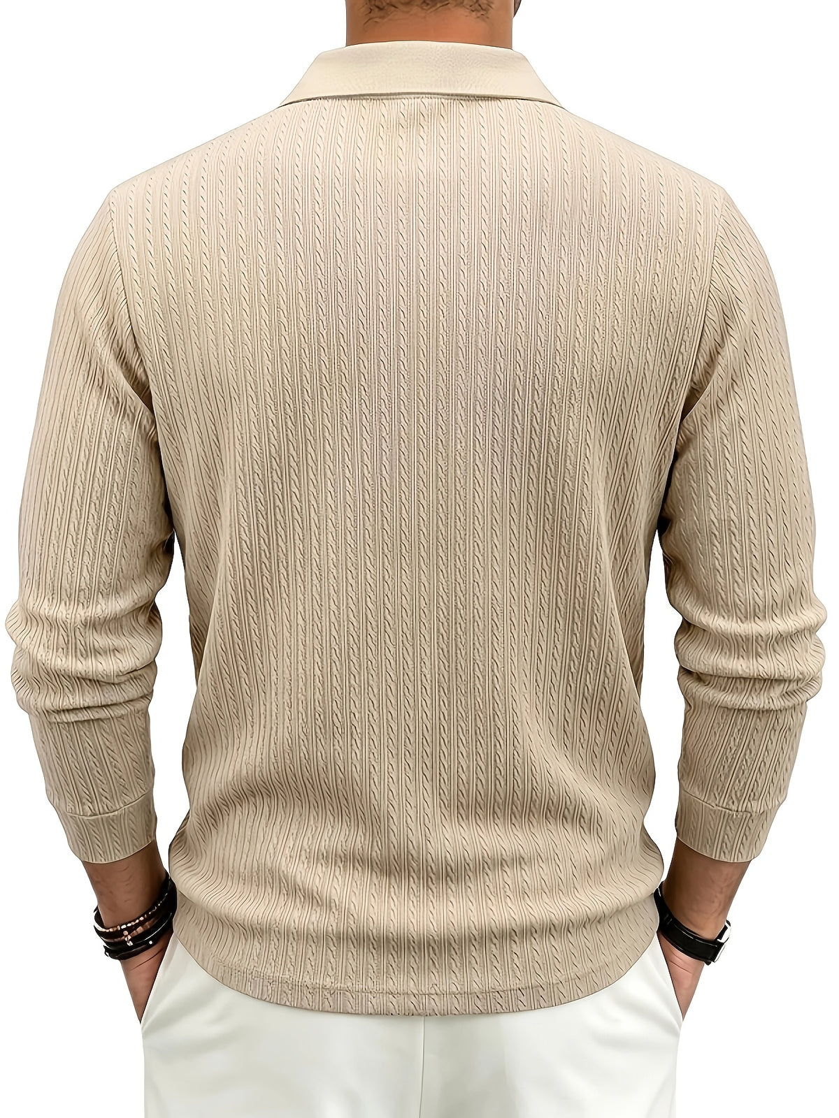Autumn/Winter New Arrival: 1pc Men's Twisted Cable Vertical Stripe Knit Long-Sleeve Polo Shirt, Three-Dimensional Jacquard Texture, Classic Lapel, Vintage Brown Wood Grain Three-Button, Stretchy Soft Knitted Fabric, Solid Color Minimalist Top - Khaki