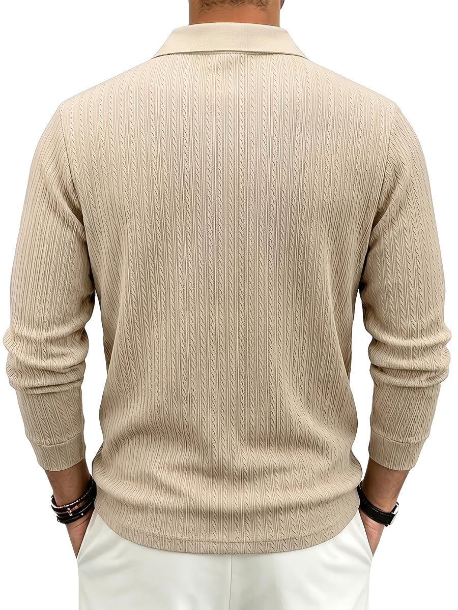 Autumn/Winter New Arrival: 1pc Men's Twisted Cable Vertical Stripe Knit Long-Sleeve Polo Shirt, Three-Dimensional Jacquard Texture, Classic Lapel, Vintage Brown Wood Grain Three-Button, Stretchy Soft Knitted Fabric, Solid Color Minimalist Top - Khaki